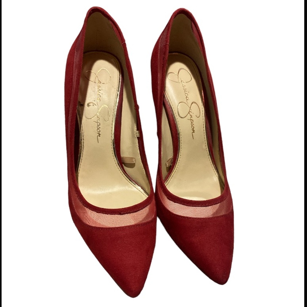 Red Sued Mesh Jessica Simpson Pumps Heels 7.5